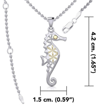 Silver and Gold Accent Flower of Life Seahorse Pendant and Chain Set MSE976 - Jewelry